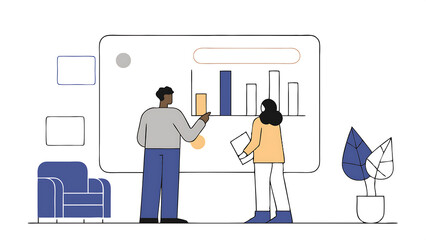 Poster - black man and hispanic woman working on business strategy and standing infront of big digital screen with data male and female colleagues discussing plan for profit margins enlargement in t 66925537 1