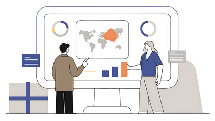 Poster - caucasian female regional manager talking to indian male distribution expert in front of big digital screen with infographics and map successful man and woman discussing new markets for exp 67604280 1