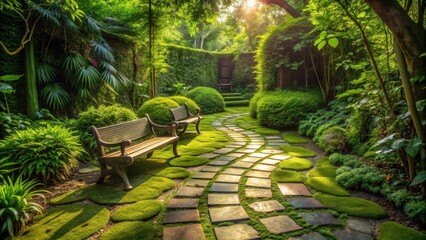 Poster - Serene Garden Path with Mossy Stone Walkway and Wooden Benches Offering Tranquil Escape