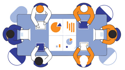 Poster - diverse professionals working on business statistics and marketing plans in corporate office top down view of discussion and financial data analysis on laptops and charts teamwork and innov 50761332 1