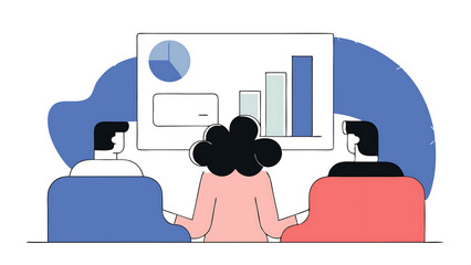 Poster - female chief analyst holds meeting presentation for a team of economists she shows digital interactive whiteboard with growth analysis charts statistics and data people work in creative off 56191525 1