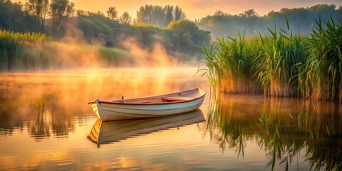 Aufkleber - Serene Dawn A Small Rowboat Gently Rests on Calm Waters, Bathed in the Golden Light of Sunrise, Mirrored in the Stillness, Surrounded by Verdant Reeds
