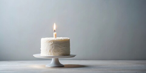 Aufkleber - A single lit candle atop a small, frosted cake rests on a pedestal