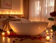 © MariaEduarda - Romantic bathroom scene with candles and rose petals around freestanding tub