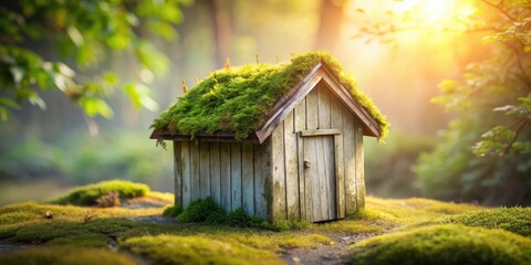 Poster - Miniature Wooden House with Mossy Roof in a Forest Setting at Sunrise