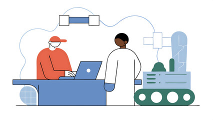 Poster - two diverse engineers developing a remotely controlled mobility robot in an industrial research facility black male specialist pitching his ideas and advising his colleague using laptop com 71231667 1
