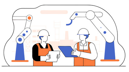 Poster - two engineers in safety vests use a tablet to interact with holographic data in a high tech factory 