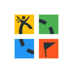 Poster - Four colorful squares displaying a stylized figure, curved lines, and a flag in a grid arrangement design