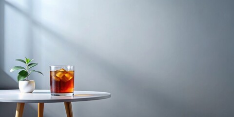 Fototapete - Refreshing Iced Beverage on a Minimalist Side Table with a Small Plant