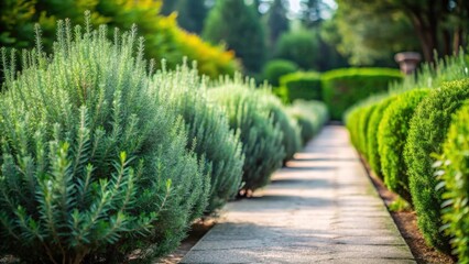Poster - Serene Garden Path Flanked by Lush Greenery, a Tranquil Escape into Nature's Embrace