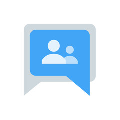 Poster - Blue speech bubble with two white stylized people icons inside representing group communication concept
