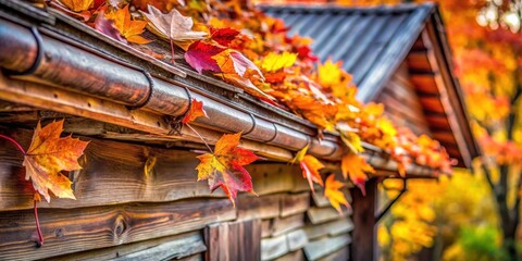Aufkleber - Autumnal foliage adorns rustic wooden building's rain gutter, creating a picturesque fall scene.