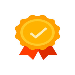 Poster - Illustration of a gold award medal with a white check mark and red ribbons indicating achievement and quality