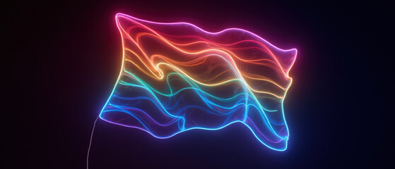 Poster - vibrant neon flag with flowing colors representing diversity and inclusivity, glowing against dark background