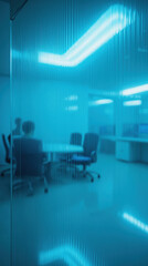 Poster - modern office space featuring conference room with sleek furniture and ambient blue lighting, creating calm and professional atmosphere