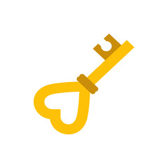 Poster - Illustration of a golden key with a heart shaped bow and a brown ring on a white isolated background