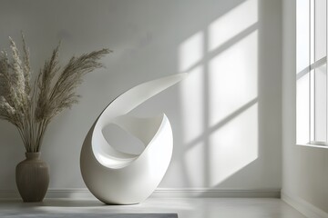 Poster - Modern white sculpture artwork illuminated by natural light in a minimalist interior design