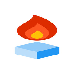 Poster - Illustration of a red and orange flame above a light blue cube on a white background in isometric view