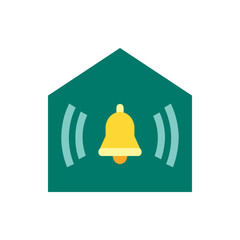 Poster - A yellow bell with sound waves inside a green house shaped background illustration for notification icon