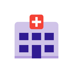 Poster - Illustration of a hospital building with a red cross on top, featuring a simple and minimalist design style