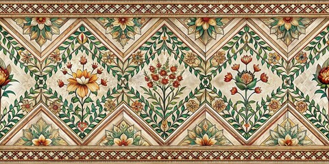 Aufkleber - Intricate Floral Design with Geometric Pattern and Ornate Border on Cream Background