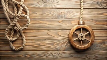 Aufkleber - Rustic wooden wheel and nautical rope arranged on a wood background
