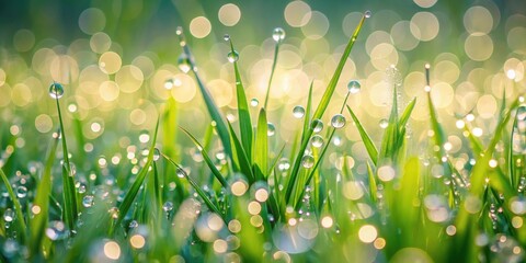 Poster - A vibrant close-up showcasing the glistening beauty of dew-kissed blades of grass bathed in the soft light of morning, creating a magical, enchanting scene.