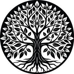 Poster - Black vector tree silhouette with ornate floral elements and leaf patterns
