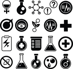 Poster - This vector icon set features a seamless pattern design with science and chemistry symbols, including laboratory equipment like a glass bottle, representing medical and chemical elements