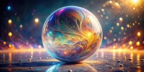 Aufkleber - A luminous sphere encapsulates vibrant nebulae, resting on a reflective surface strewn with luminous droplets, creating an ethereal dreamscape.