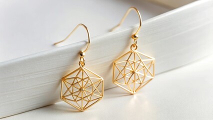 Poster - Elegant Gold Geometric Dangle Earrings Displayed on a Pristine White Surface