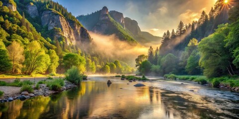 Aufkleber - Serene Sunrise Over Misty River Valley with Golden Light Reflecting on Tranquil Waters and Lush Green Foliage