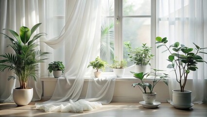 Poster - Serene Indoor Oasis Sunlight Illuminates Lush Greenery Basking in the Gentle Glow Through Sheer Drapes on a Window Sill