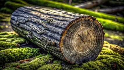 Poster - A weathered tree trunk rests on a bed of vibrant green moss, exhibiting the natural beauty of decaying wood and resilient plant life in a tranquil woodland setting.