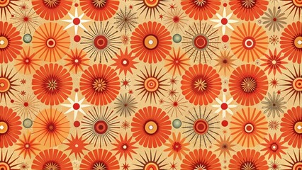 Poster - A Vibrant Tapestry of Stylized Floral Motifs in Warm Autumnal Hues, Featuring a Diverse Array of Circular and Starburst Designs on a Textured Background