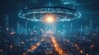 © Benzbutter - Futuristic city skyline under a hovering spaceship with glowing lights and dramatic atmosphere at night