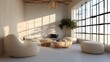 © nuttapong - Modern minimalist living room with large windows.