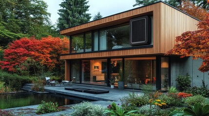 Poster - Exterior wall of a passive house with compact heat pump system, sleek finish and sustainable architecture