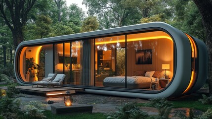 Poster - Futuristic smart home in urban setting with wall-mounted heat pump system, low-carbon footprint design elements visible