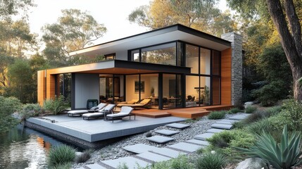 Poster - Modern sustainable building with external compact heat pump, surrounded by eco-friendly materials and native plants