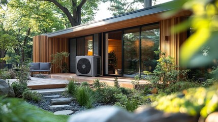 Poster - Modern sustainable building with external compact heat pump, surrounded by eco-friendly materials and native plants