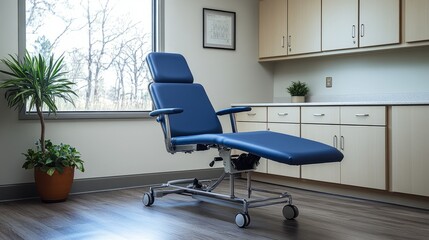 Poster - Streamlined medical office with blue adjustable exam chair, neutral-toned cabinets, and a potted plant near the window