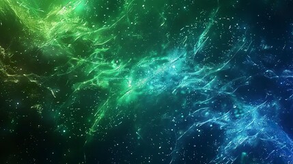 intertwined glowing lines in bright blue and green streak over a dark gradient, with data-like parti