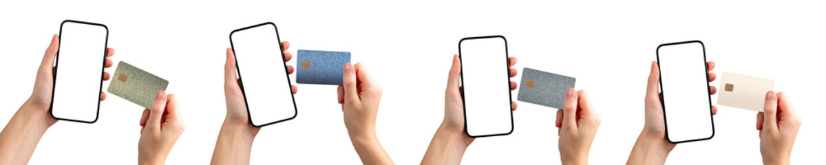 Poster - Hand holding a smartphone displaying a bank app with a credit card, ready for payment or online