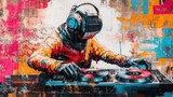 Futuristic DJ with Headphones Playing Vinyl Records in Colorful Urban Environment