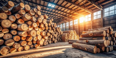 Poster - Sunlit Warehouse Filled with Stacks of Timber Logs Ready for Processing and Manufacturing
