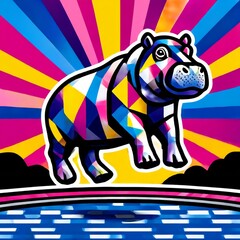 Aufkleber - Abstract Geometric Hippo: A Colorful and Modern Illustration by the Water's Edge