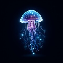 Fototapete - Luminous Jellyfish: A Captivating Display of Bioluminescence in the Deep Ocean, Bathed in Mysterious Blue and Purple Light.