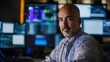 © sambath - A man in a dark room with multiple computer monitors in the background.