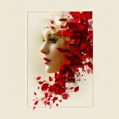Aufkleber - Woman Profile Art with Abstract Red Floral Elements, Elegant Beauty and Soft Light, Artistic Portrait.